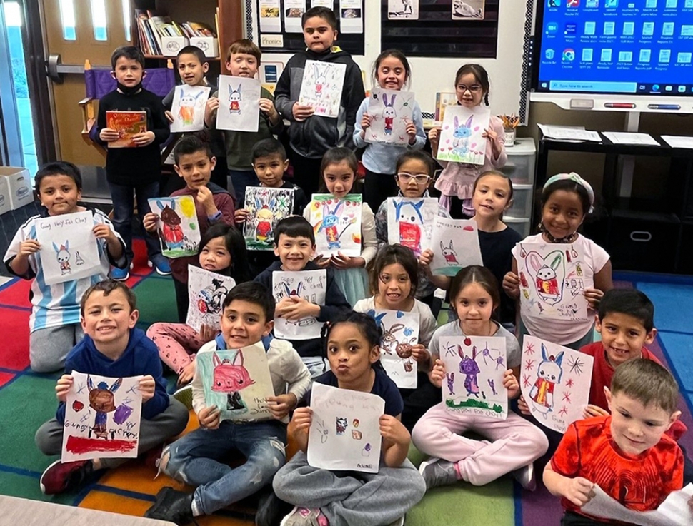 First graders at Rio Vista Elementary created an art project to celebrate the January 22, 2023 Lunar New Year, which welcomes the beginning of spring and the arrival of the new year.
