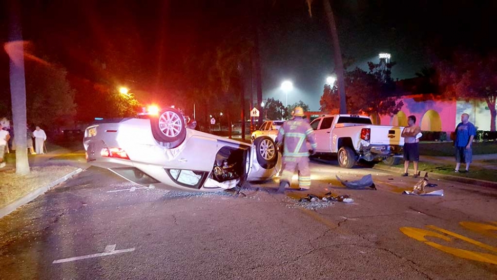 On Monday, June 27 at approximately 10:30 p.m. fire crews from Fillmore Fire responded to a car rollover on 1st Street at Orchard. A single-vehicle rollover struck a parked truck. The single occupant female had minor injuries and refused to be transported for medical evaluation. Investigation was turned over to Fillmore police. Photo by Sebastian Ramirez.