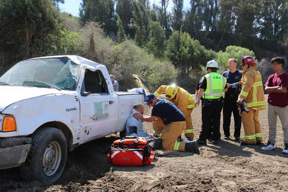 A local agricultural worker was driving west on South Mountain at Balcom Canyon Road, and lost control of his
truck on Monday, September 28th, at 1:08pm. He left the roadway and rolled at least once before coming to rest in the middle of a plowed field. Three units were called to the scene. He sustained moderate injures and was transported to a local hospital. Photo courtesy Sebastian Ramirez.