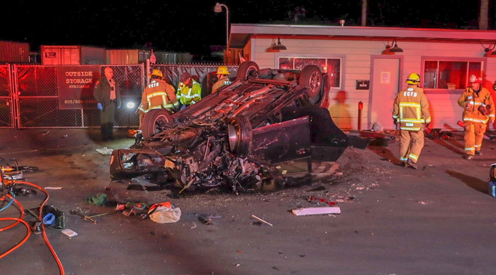 On Wednesday, November 2nd, at 9:48pm, Fillmore Patrol Services, Fillmore Fire, and AMR, Paramedics were dispatched to a reported traffic collision in front of 190 E Telegraph Road, Fillmore. Arriving fire officials reported a solo vehicle rollover with one occupant still inside the vehicle. The incident was upgraded to a heavy rescue, with the occupant trapped in the vehicle. Firefighters were able to extricate the driver by 10:00pm. The patient was treated by AMR paramedics and transported to a local hospital; condition unknown. The crash is under investigation. Photo credit Angel Esquivel-AE News.