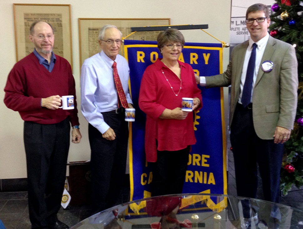 The Rotary Club enjoyed and excellent program presented  by members of the Ojai Rotary Club.Kay Bliss introduced their Nomad Project in Niger. Dr. Skankey informed the Club of his educational program for mid-wives there. The women learn prenatal care and delivery techniques that can be implemented in their rustic desert environment. Fillmore Rotary is part of this project. (I didn't get the first man's name (left), but rest are Dr. Skankey, Kay Bliss and Sean Morris)