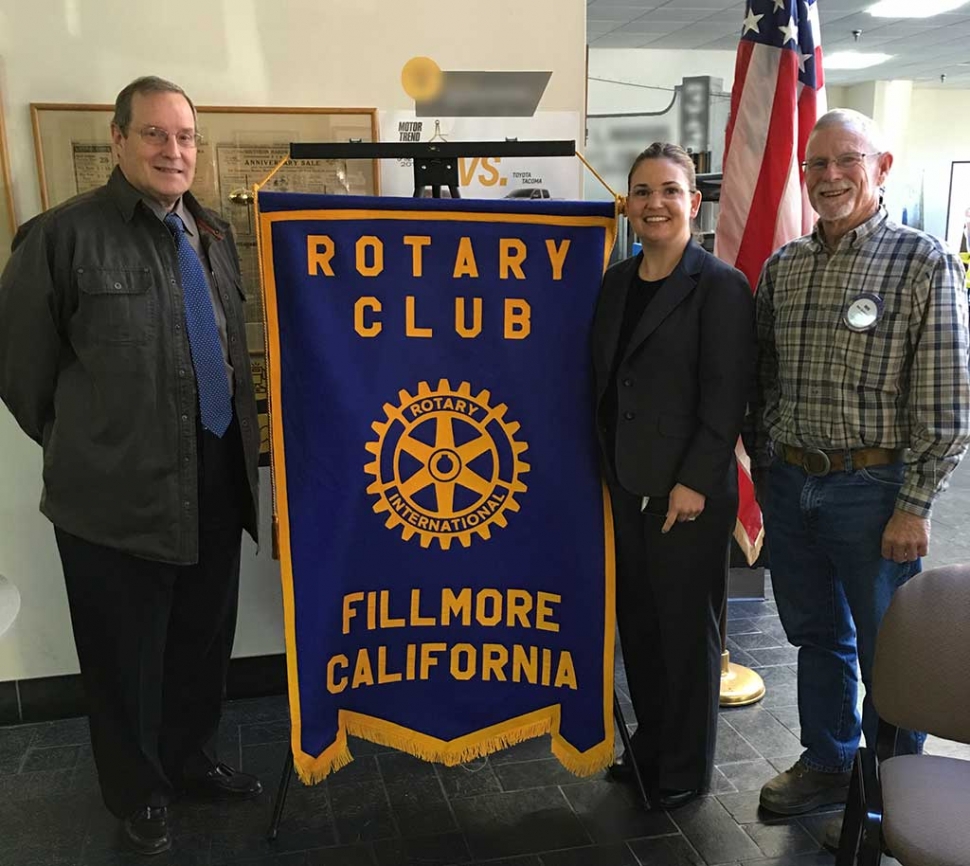 VC Area Agency On Aging Speaker Addresses Rotary. Kyle Wilson Rotary President, Jannette Jauregui speaker from the Ventura County Area Agency on Aging, and Bob Hammond.