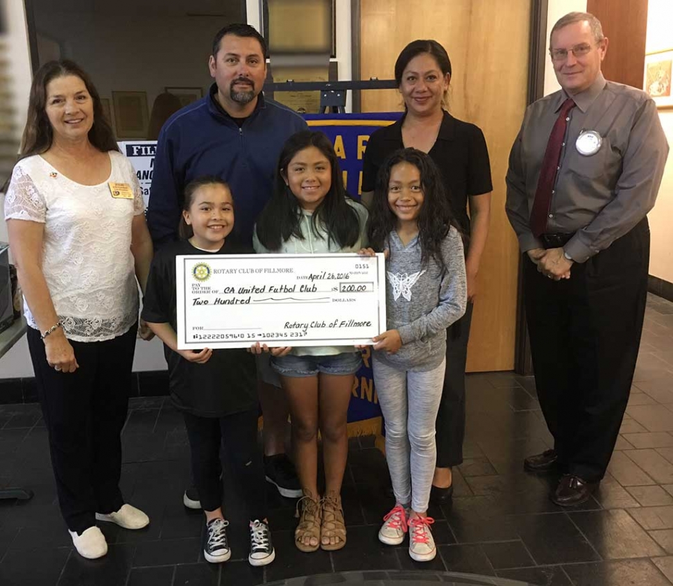 Pictured (back row, l-r) are Rotary President Julie Latshaw, Coach Jose Lomeli, Bea Pina, Kyle Wilson; (front, l-r) Karissa Terrasa, Victoria Piña, and Alexis Piña. Fillmore Rotary presented a $200 donation to local California United Futbol Club. Coach Lomeli from California United Futbol Club brought three of his soccer players to speak about the organization. His goal is to teach the young players the skills they will need when they join the upper level teams. Submitted By Martha Richardson.