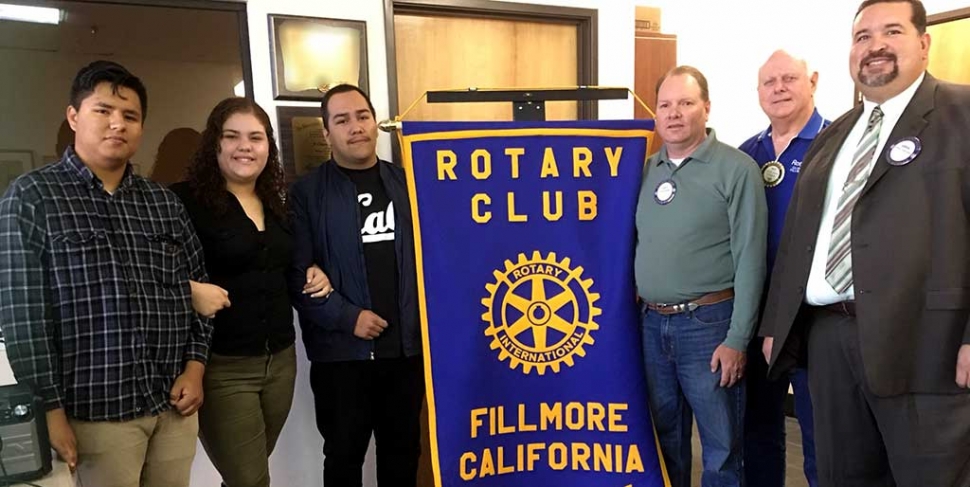 Fillmore Rotary Scholarship Winners: Fillmore Rotary Club presented three Sierra High School seniors Rotary scholarships. The scholarship winners pictured above are Jose Mejia, Sarai Vargas, Cornelio Garcia along with Fillmore Rotary committee members Scott Beylik, Dick Richardson, Adrian Palazuelos. Photo courtesy of Martha Richardson.