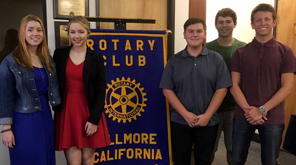 Rotary Honors High School Seniors: Fillmore Rotary Club honored local seniors with Scholarships. Recipients were Chloe Richardson (Grace Brethren High School), and Sarah Stewart, Colton Farrar, Onofre Jauregui, and Luke Myers (Fillmore High School).