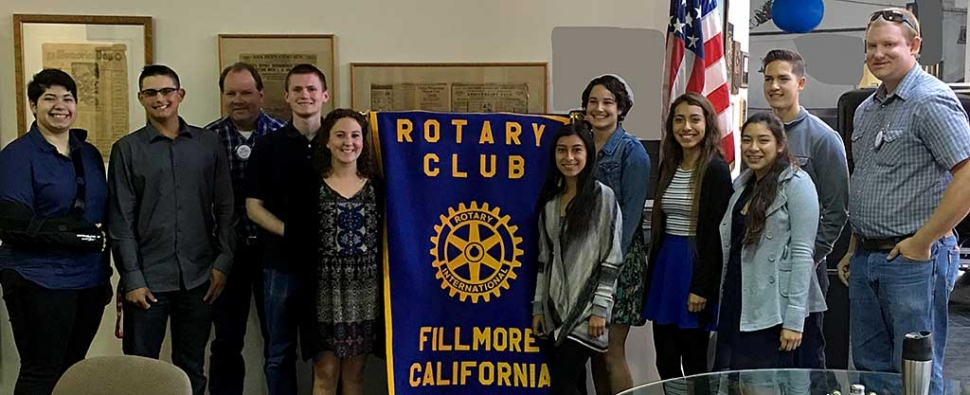 Rotary FHS Scholarship Recipients. The Fillmore High School scholarship recipients. Pictures (l-r) are Elizabeth Manzano, Tatem Forsberg, committee member Scott Beylik, Matthew Hammond, Hope Wilcox, Irma Torres, Jessica Manginelli, Maria Perez, Jaqueline Tovar, Luis Landeros, and Andy Klittich committee member.