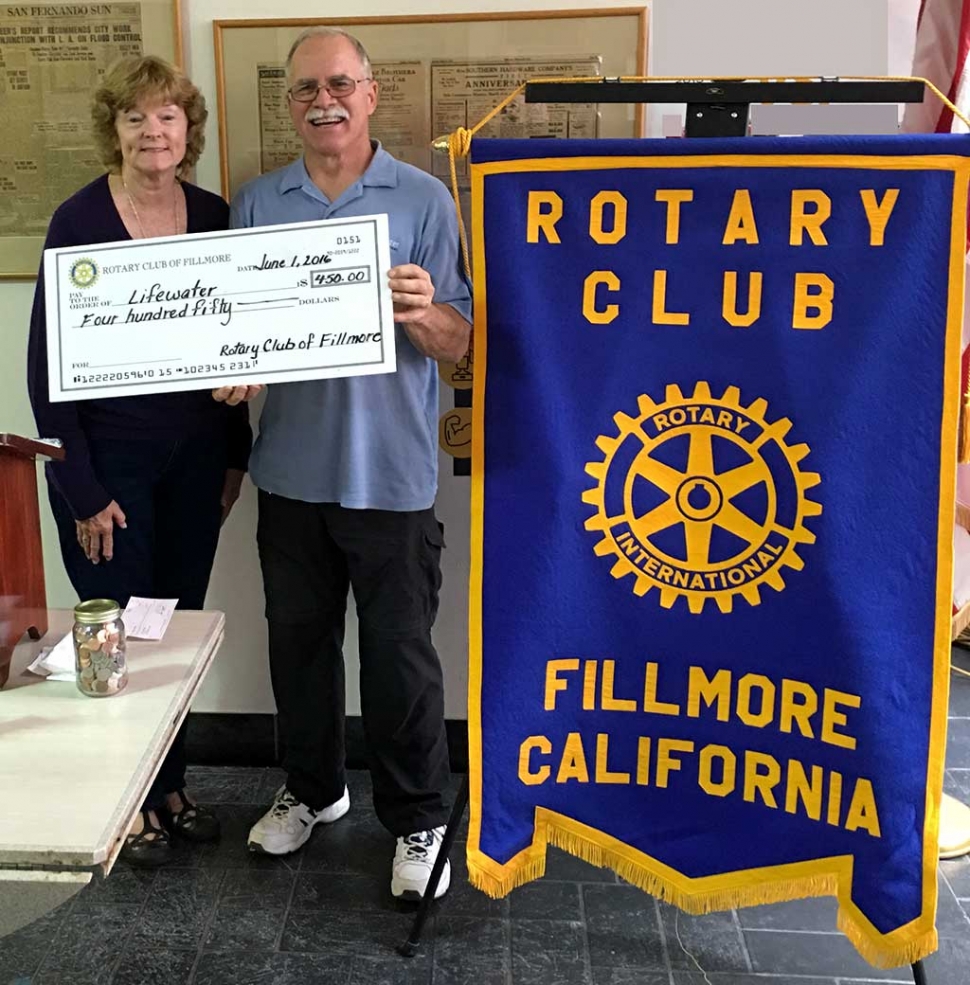 Rotary Makes Donation To Lifewater. Martha Richardson program chair, presented Rod Thompson of Lifewater with a donation check for $450. Lifewater is a Christian organization that drills wells, educates and trains people in deprived counties, so they will have clean water and healthier lives.