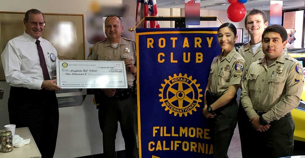 Several months ago the Rotary Club challenged the Explorers of Post #2958 if they could raise $10,000, toward their new van, then the Club would match it. They reached their goal and the Club awarded them with $10,000. Kyle Wilson, Deputy Leo Vazquez, Explorers Danielle Ramirez, Matthew Hammond and Isaiah Galvez. The Rotary Club Fireworks Booth will be at the corner of Hwy 126 and E Street. It is the first booth as you enter Fillmore from West to East; on the right side.
