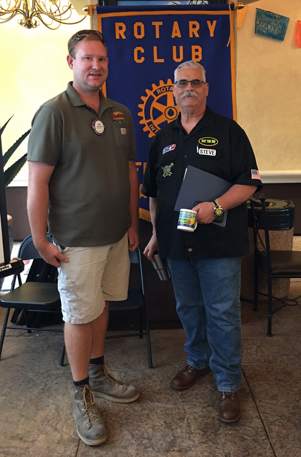 Pictured are Rotary President Andy Klittich and speaker Steve Conway of Fillmore who qualified for the World Finals to held in Arizona and spoke with the club about his upcoming benefit for the Boys & Girls Club of SCV. Photo courtesy Rotary Club Member Martha Richardson.