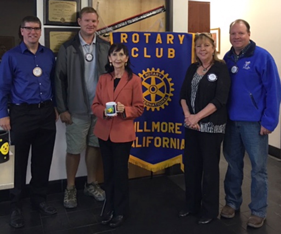 Fillmore City Clerk Olivia Lopez was the speaker at Rotary Club of Fillmore on Wednesday, October 10th. Olivia spoke about how the election process works and wanted to remind people to vote on Tuesday, November 6, 2018. Pictured (l-r) are Rotarians Sean Morris, FUSD School Board member, Rotary President Andy Klittich, City of Fillmore City Clerk Olivia Lopez, Fillmore Council member Carrie Broggie and FUSD School Board member Scott Beylik. Photo courtesy Ari Larson.
