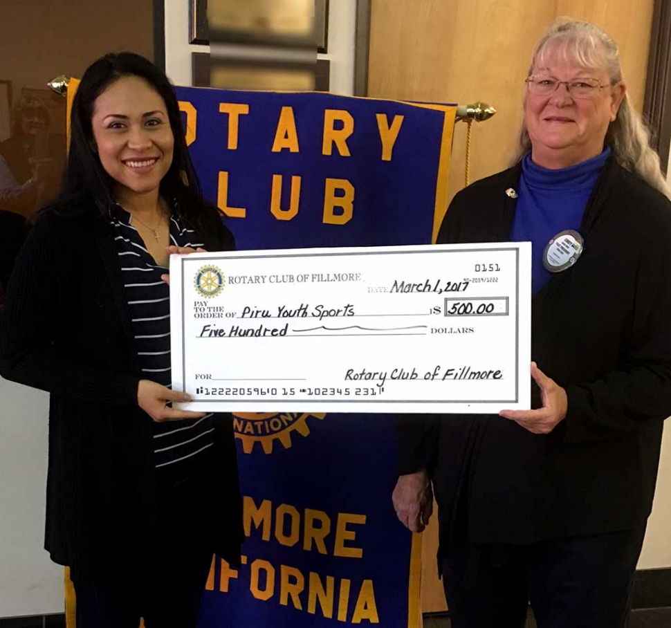 Lupe Hurtado from Piru Youth Sports received a check from Fillmore Rotary for $500. This year they have 150 youths.