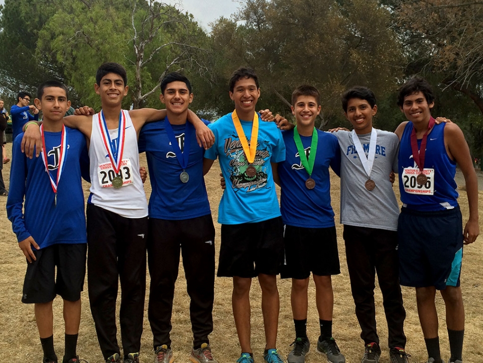 The Flashes Medalists at the Ventura County Cross Country Championships. (l-r) Michael Sanchez, Johnny Martinez, Enrique Gutierrez, Francisco Erazo, Cris Candelario, John Chavez and Jose Rodriguez