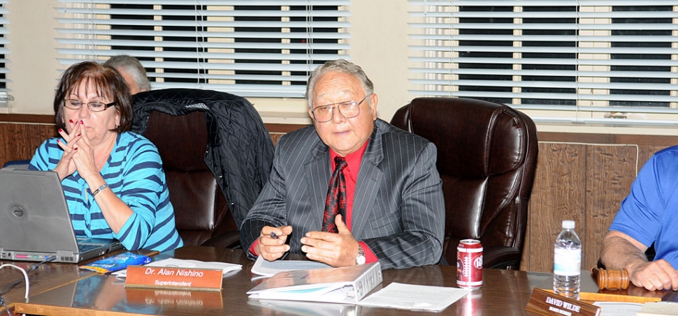 Pictured (center) is Fillmore Unidied School District Superintendent Alan Nishino. Mike Bush, former Fillmore Unified School District Assistant Superteindent of Business questioned Superintendent Nishino's contract structure and perks, calculating Nishino may be receiving a financial compensation as high as $216,000 per year. Bush also questioned decisions made by School Board Members stating "...It is your due diligence to be honest and transparent to the staff and community you serve. Our community expects more than this. Our students deserve more than this. You are better than this."