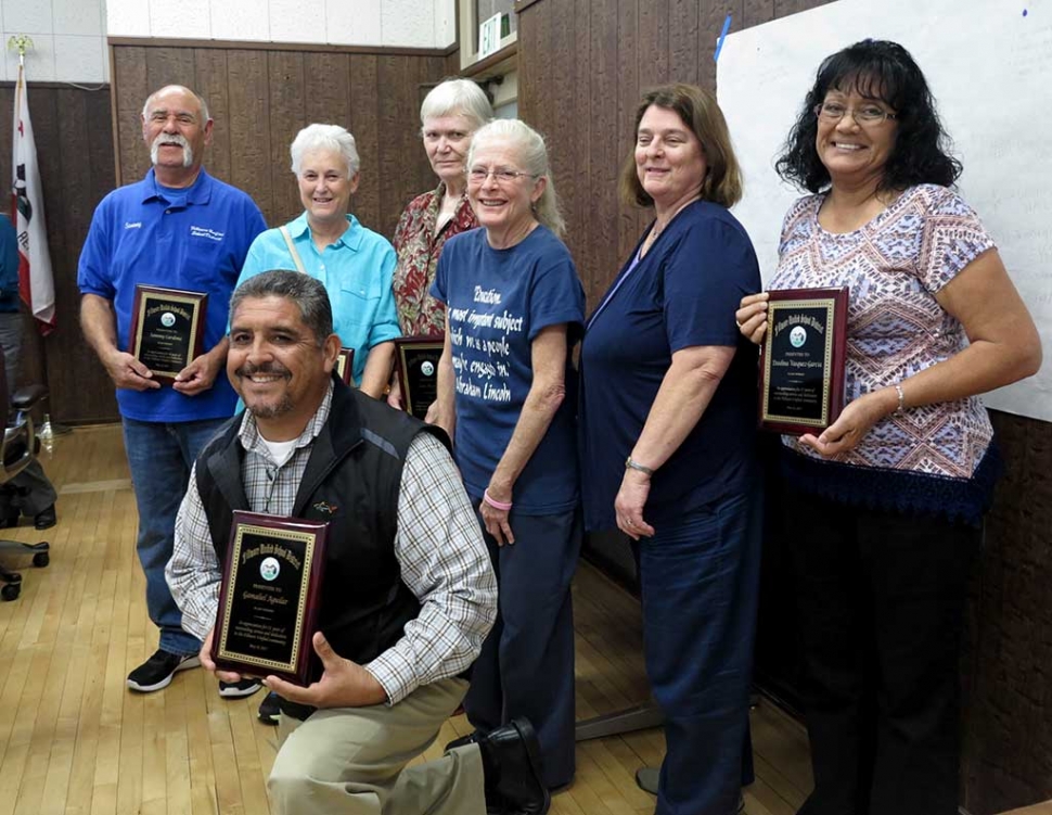 At last night’s school board meeting, the Board of Trustee’s recognized their retiree’s for the 2017 school year. (l-r) Standing Sammy Cardona, Linda Root, Joan Morseley, Janet Bergamo, Janey Brunton-Munoz, Enedina Vasquez-Garcia and kneeling in front Gamaliel Aguilar. Also recognized was retiree Susan Pina, 31 years, who was unable to be present.