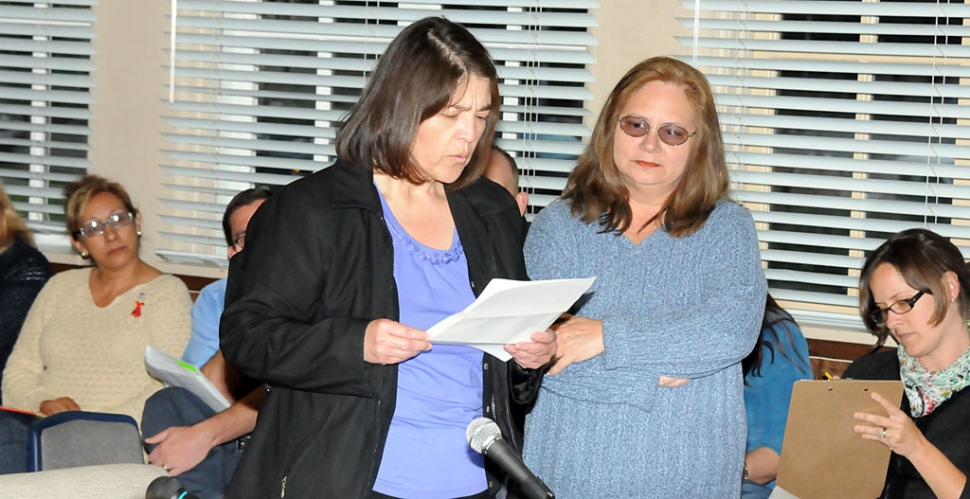 Leticia Vasquez and Lola Rogers read a statement prepared by the President of the Fillmore chapter of CSEA (California School Employee Association).