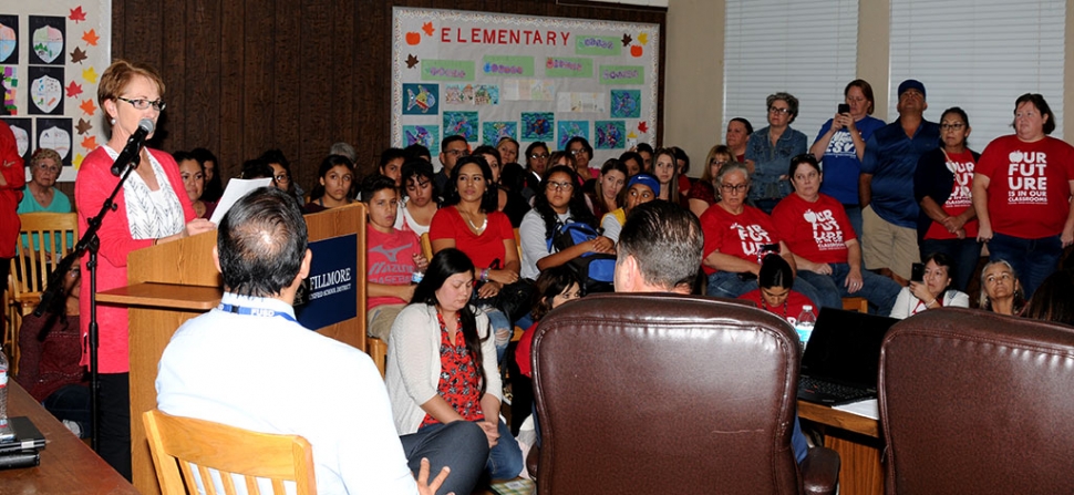 The school board meeting was packed with teachers and supporters, with the crowd overflowing into the hallway. Several teachers spoke regarding their requests for a fair and equitable salary increase.