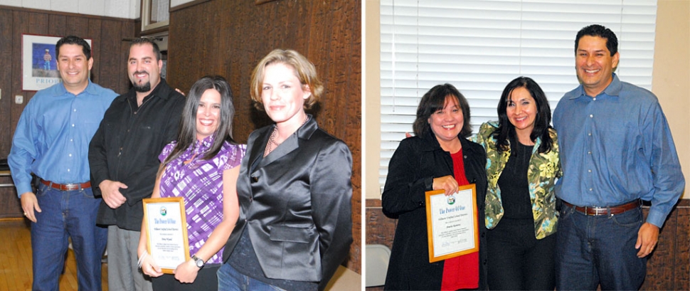 At Tuesday night’s School Board meeting two employees were recognized for their service to the district. First photo pictured above (l-r) School Board President John Garnica, Middle School Principal Todd Schieferle, Dena Wyand, and Assistant Vice Principal Tricia Godfrey. Second photo (l-r) Amelia Ramirez, Sespe School Principal Rose Hibler, and School Board Principal John Garnica.