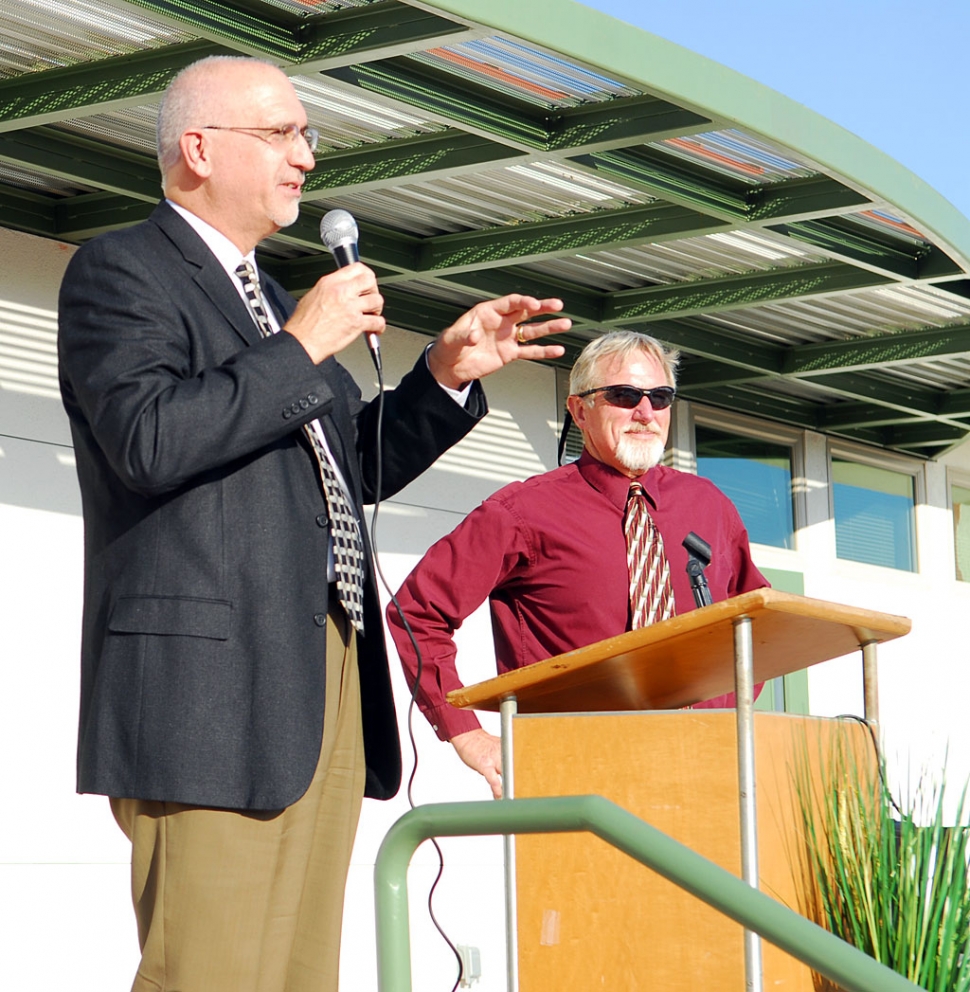 Superintendent Jeff Sweeney spoke during the grand opening of Sierra High School last Wednesday, September 22. Also pictured is Bob Sube, FUSD Facilities Director.