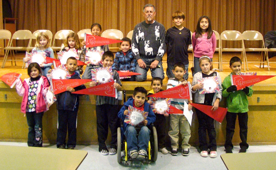 On Monday, December 7, 2009, San Cayetano School recognized good citizenship and character at their Peacebuilder Assembly for the month of December. Pictured is Francisco Garcia, of CSUCI, who spoke to the students about how to be a good citizen.