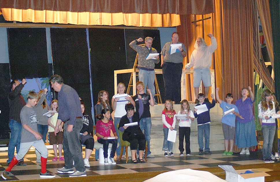 Matthew Lindsey and the cast of Alice in Wonderland  take direction from Stephen Burhoe for Sespe Players' next production in the Sespe Auditorium to begin April 23rd.