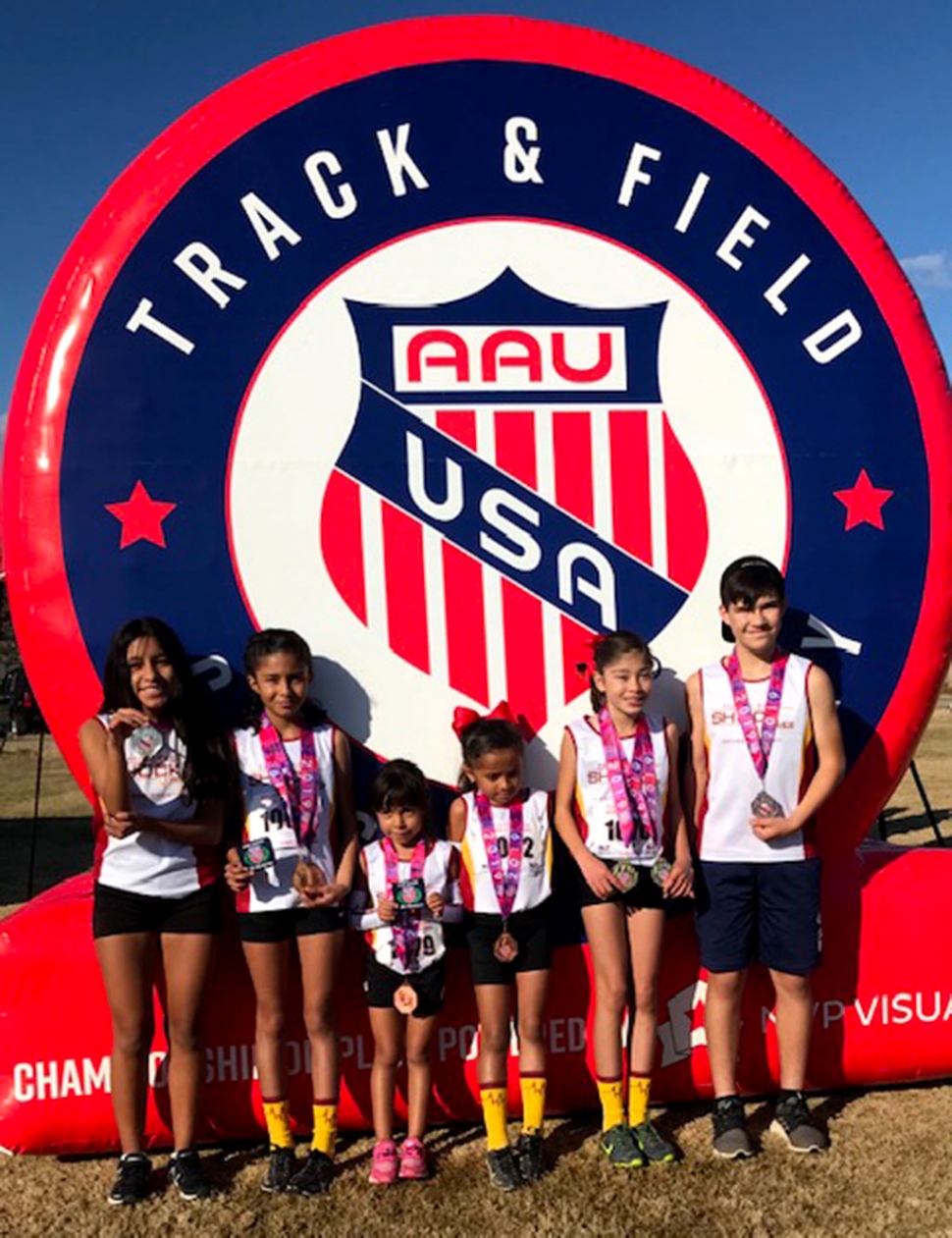 Pictured is the Pacific Coast Shockwaves Fillmore Cross Country team which competed in the AAU Jr. Olympics on Saturday, December 7th: (l-r) Niza Laureano, Emily Arriaga, Leah Laureano, Aaliyah Tarango, Paola Estrada and Joshua Estrada. Photos courtesy Coach Evelio Arriaga. 