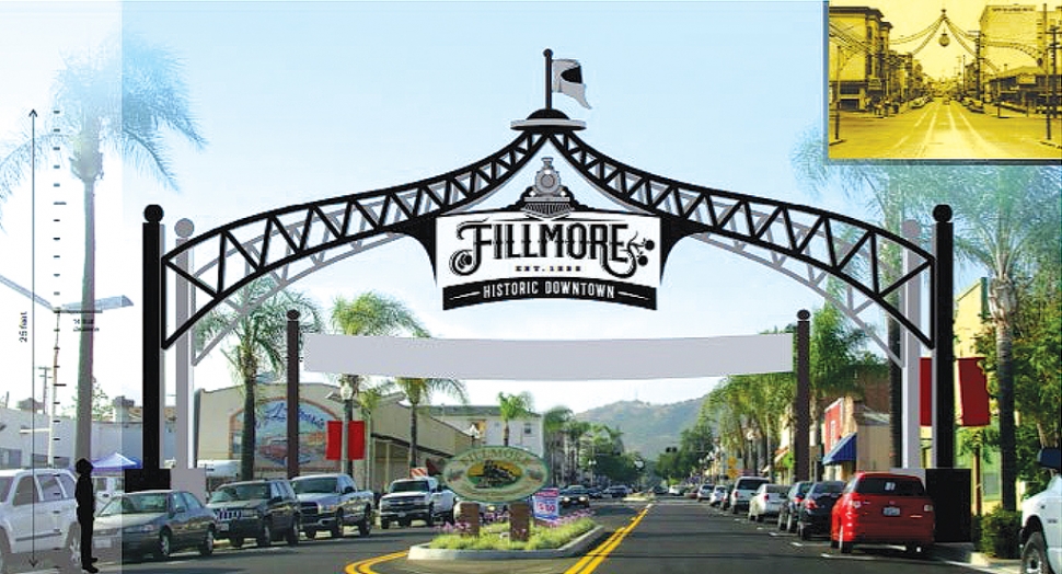 On October 12th, at Tuesday night’s City Council meeting, Fillmore Rotary Club proposed a Legacy Sign project to Council. The two Gateway designs installation is meant to honor the hardworking men and women of Fillmore’s past, present and future. Themed after elements of the town’s history, each design is forged with architectural steel to symbolize the town’s lasting impact. While the concepts you see before you are preliminary and can be altered accordingly, we believe the theme should reflect Fillmore’s rich history. Above is a rendering of the proposed arch for Central Avenue. Inset, the locomotive with arch proposed for east and west Highway 126. Photos courtesy City of Fillmore.