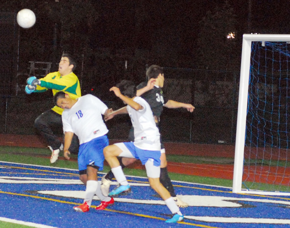 Israel Dominguez #18 played a tough game against Oak Park. The goalie was able to defend the goal.