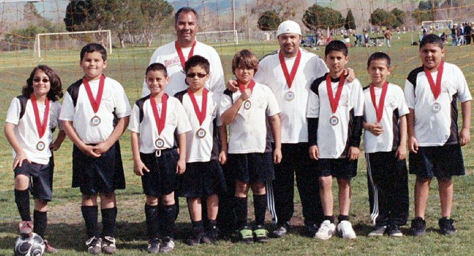 (l-r) Jesus "JJ" Hinojosa, Daniel "Nano" Vaca, Cristian Mijares, Cristian "Kiki" Hernandez, Coach Octavio Hernandez, Julian "Ju" Calderon, Coach Ignacio Calderon, Enrique Gutierrez, Alejandro "Alex" Rodriguez, Daniel Munoz. Not in picture. Giovany Lopez and Andres Avila.