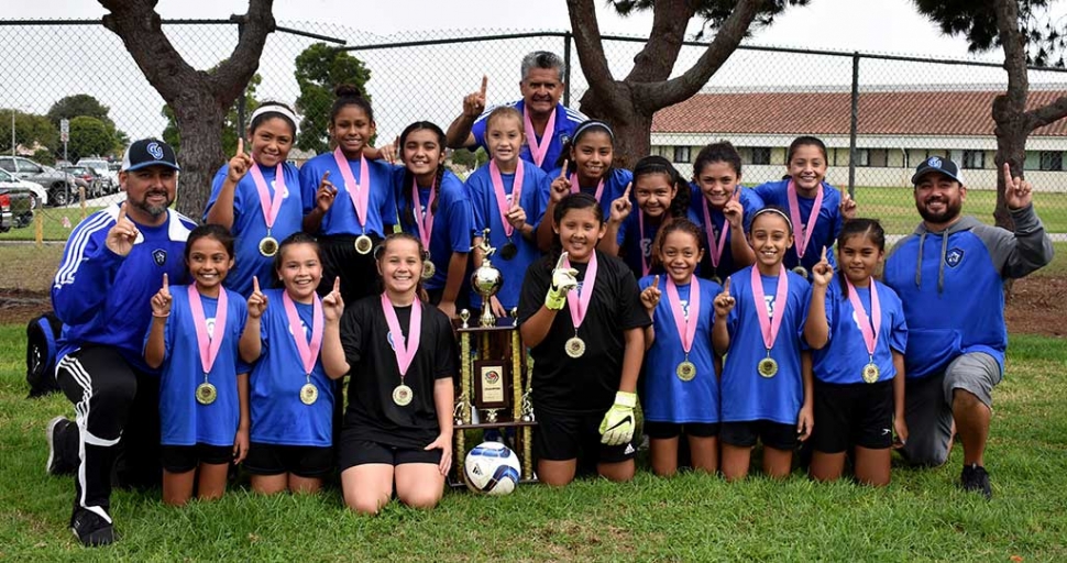 California United 11-U Girls defeated the Oxnard Waves in the Championship games this past weekend. Pictured are the Players left to right on top: Lexi Pina, Jadon Rodriguez, Isabel Hernandez, Brooke Nunez, Marlene Gonzales, Fatima Alvarado, Athena Sanchez, Jessica Rodriguez. Bottom row: Miley Tello, Kari Terrazas, Mikayla Mckenzie, Gaby Martinez, Tori Pina, Ashley Hernandez, Kim Manriquez. Coaches left to right: Junior Lomeli, Cipriano Martinez and Tony Hernandez. Photos Courtesy Evelia Hernandez.