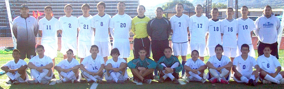 Congratulations to the Fillmore High School JV Boys soccer team. They captured the Tri Valley League championship. With an impressive record of 11 wins and 1 loss this season. The Tri Valley League is a very competitive league, with the likes of Oaks Christian, Santa Paula, Carpinteria, Oak Park and Malibu. After losing most of last year’s starters, it did not take them long to come together and have a fantastic season.
Thank you to coaches Javier Alcaraz and Emerio Manzano and the support of Jose Luis Lomeli. (l-r) Top Row: Coach Emerio Manzano, Alex Magana, Alexis Barajas, Isai Valencia, Adolfo Rodriguez, Eduardo Gomez, Fransisco Zepeda, Ricardo Gutierrez, Ismael Avila, Edgar Mendez, Rogelio Santa Rosa, Juan Diego Rodriguez, Coach Javier Alcaraz.
Bottom Row: Marco Mora, Alexis Paniagua, Jaime Magdaleno, Miguel Salgado, Franky Chavez, Jaime Valdovinos, Valente Ayala, Isaiah Martinez, Jaime Gallegos, Jorge Esparza, and Daniel Regalado. Not pictured Fransisco Vasquez.
