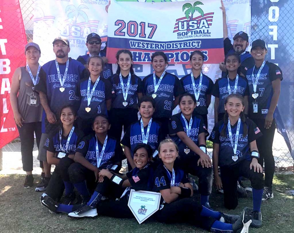 Congratulations to the Fillmore Girls Softball 10U Division All-Stars. The team defeated Sylmar 4-1 to become Western District Champions. (Top L-R) Arianna Halcon, Analisa Cabral, Desiree Cardona, Aleena Camacho, Sofie Aviles, (Middle L-R) Aryanne Munoz, Emma Estrella, , Sophia Alvarez, Makayla Balboa, Erika Sanchez, (Bottom L-R) Livia Cabral, Delaney Vazquez. Manager: Cali Venegas. Coaches: Johnny Cabral, Cesar Camacho, Pokey Sanchez. Team Mom: Gabby Camacho.