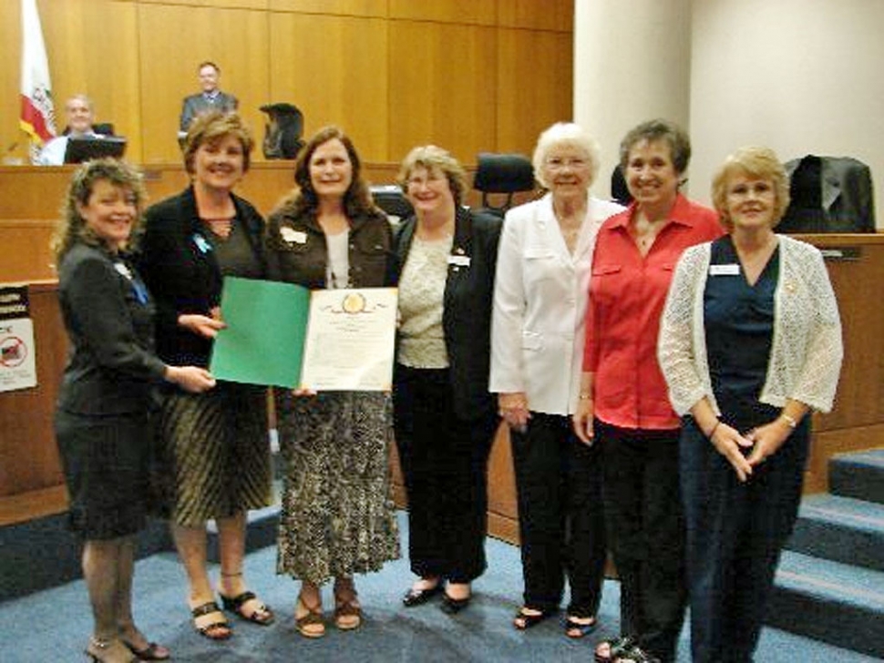 Fillmore Soroptimist boardmembers received a Board of Supervisors’ proclamation on the local organization’s 50th Anniversary. The commendation was presented by Supervisor Kathy Long, District 3, at the Ventura County Board of Supervisors meeting, May 20, 2008. Pictured are (l-r) Oralia Herrera, Incoming President 2008-09, Supervisor Long, Terri Aguirre, current president, Kathleen Briggs, Jeri Schleimer, Betty Carpenter, and Kathi Marsden.