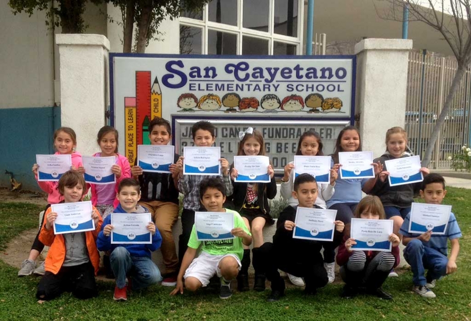 The annual San Cayetano Spelling Bee took place on Wednesday, January 27, 2016. As always, there was tension in the air as the dedicated spellers took their seats onstage. Participating this year were third graders Diana Santa Rosa, Liam Anderson, Presley McClain, Michael Santoyo, Nadia Palazuelos and Destiny Alvarado. The fourth grade was
represented by Angel Laureano, Erika Sanchez, Aryanne Munoz and Joshua Estrada. Rounding out the school’s top spellers were fifth graders Anthony Perez, Paola Ruiz de Lara, Arturo Rodriguez and Alejandro Lanza. After 10 rounds of spelling, Erika Sanchez, top left, took the Runner-Up spot. Congratulations Erika! We are proud to announce that San Cayetano’s top speller this year is Nadia Palazuelos, top right. She will have the opportunity to represent us at the Ventura County Spelling Bee next month. Congratulations Nadia!