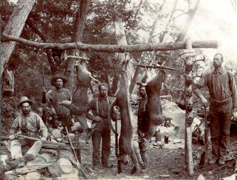 Hunting party in the Agua Blanca with (L to R) Ed Welch, Charley Welch, Nate Stone, Wright Burson, Alfred Stone.