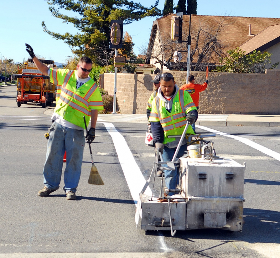 Walk, Don’t Walk - New crosswalk striping was applied on Monday, December 29, at River and A Streets,
to accommodate the new traffic signal which began operation on the same day.