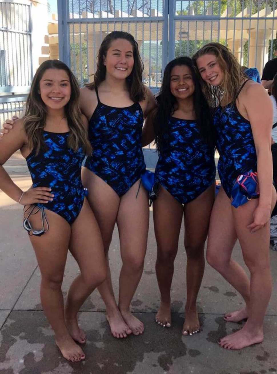 Fillmore Girls Varsity Swim won the 200 yd relay on Monday, April 9th, the team also made a strong CIF Consideration (1:58.99) time. Pictured (l-r) Reanne Guerra, Montana Spangler, Daisy Santa Rosa, Katrionna Furness. Photo courtesy Katrionna Furness.