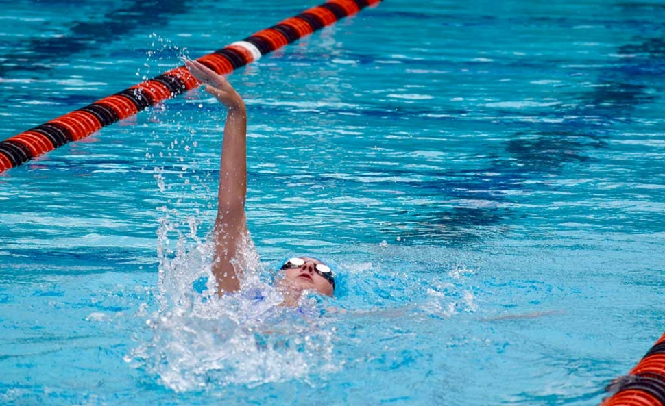 (above) Jayna Sponseller competing in the Backstroke leg meet. Fillmore High School Junior Jayna Sponseller represented FHS at the CIF Division 4 Swim Championships Prelims on May 10th at Riverside City College. Jayna swam the 200 yard individual medley at prelims Delete repeated word moved up two places. She gained valuable experience competing in a very large, highly competitive swim meet. Jayna can build on the experience and share it with her teammates next swim season. Submitted by Head Coach Cindy Blatt. Photo courtesy Amy Larazo.