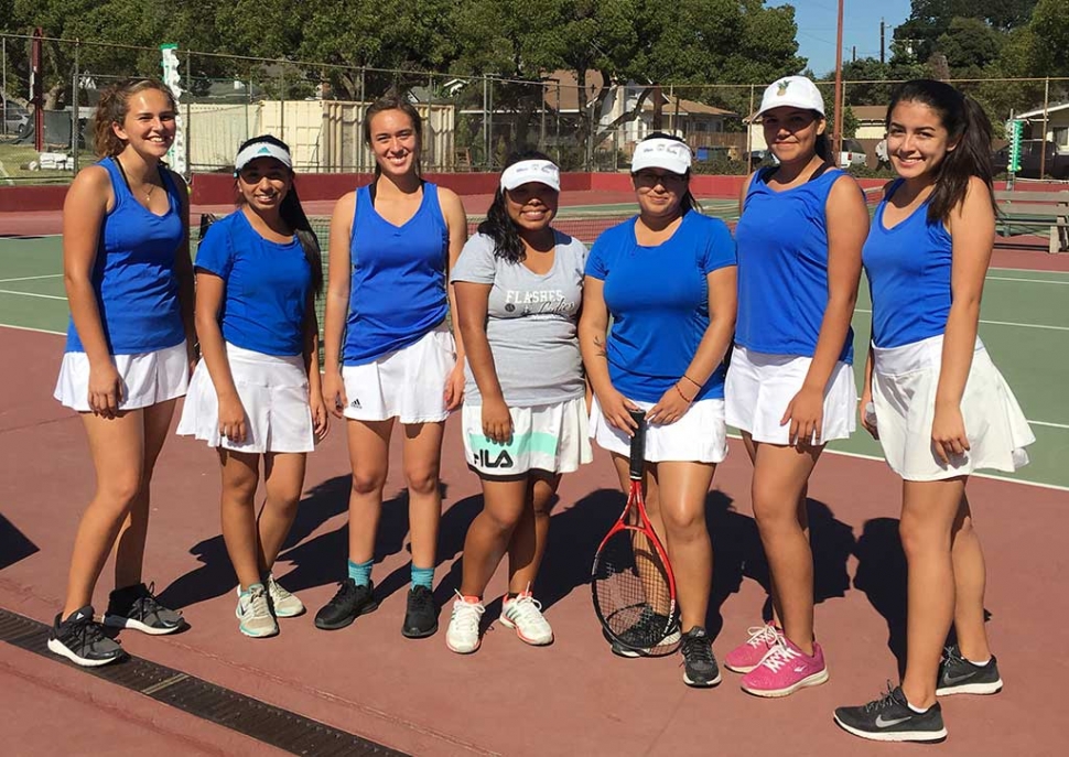 Fillmore High School Girls Tennis Team (l-r) Maria Gonzales, Ashley Tamayo, Briana Lopez, Jessica Flores, Karime Renteria, Amairani Aragon and Marisa Herrera.