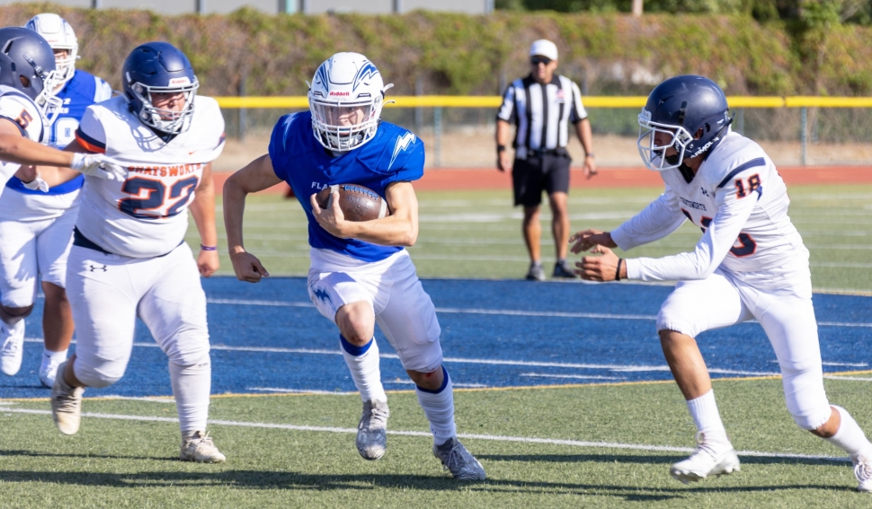 Above is a JV player trying to make his way past the Chatsworth defense to gain yards for the Flashes. Final score, Flashes 20 – Chatsworth 8. Photo credit Crystal Gurrola. 