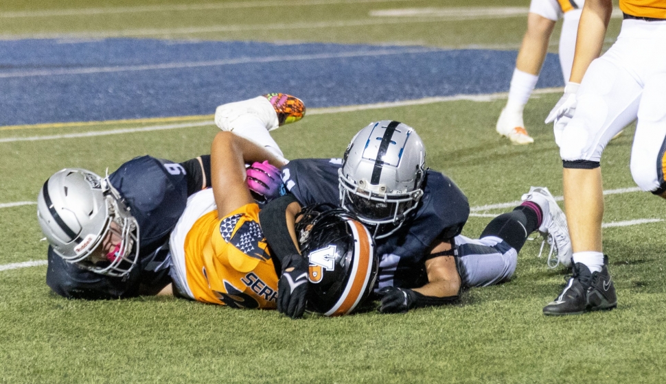 Above are two Raiders Senior Black players making the tackle in their game against the Ventura Packers last Saturday. Final score Fillmore Raiders-8, Ventura Packers-26. Photo credit Crystal Gurrola. 