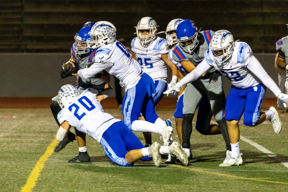 On October 4, FHS Varsity Football traveled to San Marcos High School to take on the Royals. Final score, San Marcos 31–Flashes 17, overall Flashes are 1–5 for the season so far. Above is a group of Flashes making a tackle against a Royal player in Friday’s game. Inset, FHS offense clearing a path for their teammate to make his way down the field to gain some yards for the Flashes. This week Fillmore will play away against Hueneme High School, Friday, October 11th. Photos credit Crystal Gurrola.