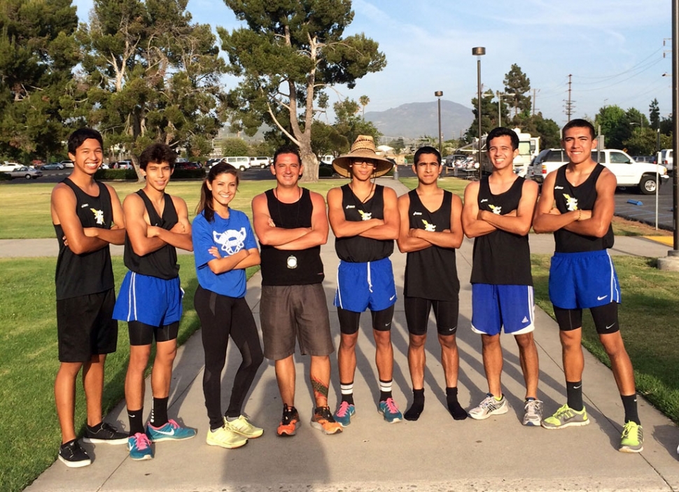 CIF Prelim Athletes (l-r) Francisco Erazo, Dominick Gonzalez, Kiana Hope, Coach Juan Viramontes, Damien Gonzalez, Demiriouz Lozano, Jesus Mendoza and Carlos Briceno. Not pictured, Kayla Grove, Justin Coert, Coach Tony Tafoya and Coach Erika Arana.