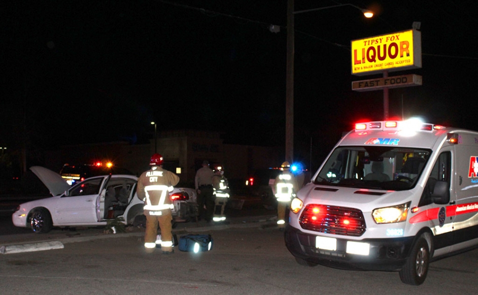 On Monday, March 1st, at 9:59pm, Fillmore Police Department, VCFD and AMR paramedics were dispatched to a multi-vehicle accident in the 1100 block of Ventura Street (SR-126) in front of Tipsy Fox Liquor. A Ventura County Sheriff’s Deputy radioed that he was involved in a collision with a white Chevy Malibu. Two ambulances were dispatched to the accident, and four people were taken to an area hospital. The officer was not reported to be transported to a hospital. Fillmore Police Department units shut down SR-126/C Street westbound lanes. Cause of the crash is under investigation. Photos courtesy Angel Esquivel—AE News.
