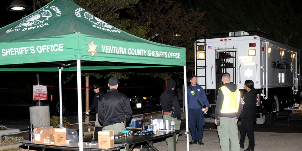 On Sunday, October 13th, from 7 p.m. to midnight, the Fillmore Police Department held scheduled police training at the VC Behavioral Health building, 840 Ventura Street. Pictured is the staging area set up outside the building, as officers inside practiced clearing the building from a burglary.