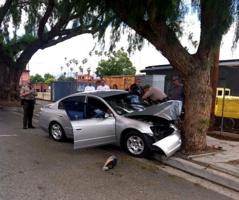 A driver lost control of her car and crashed into a pepper tree at Clay and Main Streets, Friday, May 15. Witnesses stated a small dog in the street may have contributed to the accident. No injuries were reported.