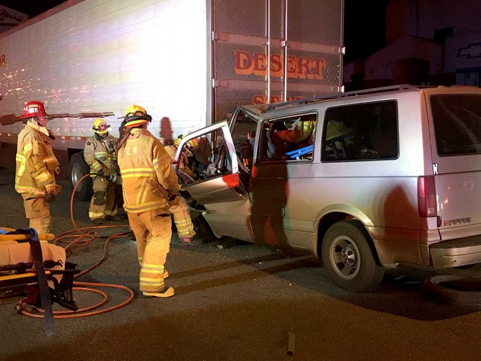 A vehicle crashes into the back of a parked Big Rig near the 1000 Block of Ventura Street, early Saturday December 3, at 3:00am. One occupant, one patient with moderate injuries, and was transported to Ventura County Medical Center.