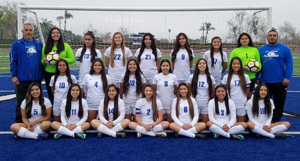 Congratulations our Fillmore Flashes Varsity Girls Soccer Team who took second in the Frontier League this year. The Fillmore Citizens Patrol Flashes will host St. Monica Catholic for the first round of CIF on Thursday, February 15th at 5:00PM. Come out and Support the Lady Flashes! Pictured top row l-r: Coach Frank Garibay, Ashley Yepes, Andrea Marrufo, Tori Villegas, Shania Leon, Sohia Garibay, Anahi Andrade, Aaliah Lopez and Coach Omero Martinez. Middle row l-r: Kayla Martinez, Emily Garibay, Lupita Rovalcaba, Aaliyah Alfaro, Alexis Mejia, Yareli Vasquez. Bottom row l-r: Ari Magana, Valerie Hernandez, Lupita Bravo, Yanel Cobian, Alexys Covarrubia, Ana Covarrubia and Jennifer Cruz. Courtesy Coach Omero Martinez.