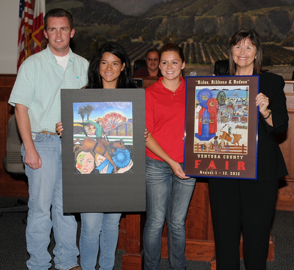 Mayor Gayle Washburn is pictured with the 2012 Ventura County Fair Poster(s) by Ventura County Fair representatives Chris Garmon, Alexus Galassi of the Ventura County Junior Fair Board and Amanda Vassaur, of Fillmore, who was the second place winner in the Ventura County Fair Poster Contest. This year’s Fair theme is; “Rides, Ribbons and Rodeos” and the colorful winning poster was submitted by the First Place Winner Sam Coultas of Ventura. The Ventura County Fair begins August 1st and runs through August 12th.