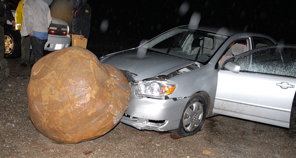 At approximately 10:30 Sunday evening a collision occurred between a late model Honda and a boulder near the intersection of Goodenough Road and ‘A’ Street in north Fillmore. The boulder refused to move. No serious injuries were reported, as the driver had vacated the scene when Sheriff’s deputies, ambulance, and Fillmore Fire Department elements arrived. The car suffered extensive damage. Cause of the accident was not reported.