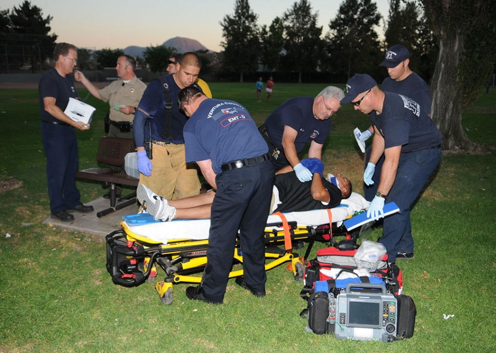 An assault took place at Shiells Park on Sunday at dusk. The Victim is shown being attended to by Fillmore Fire. He was transported to an area hospital. Police were on scene. It was not clear at presstime if an arrest was made in the incident.